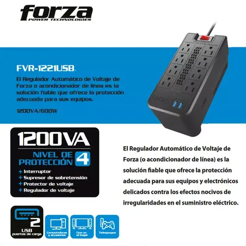 Forza FVR-1221USB Volt Reg 1200VA/600W 120V 8-NEMA 2USB
